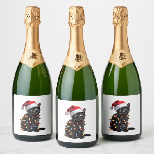 Schattigee Zwarte Kat Santa Kerstverlichting Mauw  Sparkling Wijnetiket (Flessen)