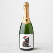 Schattigee Zwarte Kat Santa Kerstverlichting Mauw  Sparkling Wijnetiket (Voorkant)