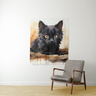 Schattigee Zwarte Kat Waterverf Kunst Wandkleed