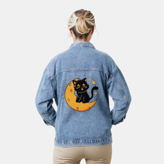 Schattigee zwarte kat zittend op de maan denim jacket (Model)