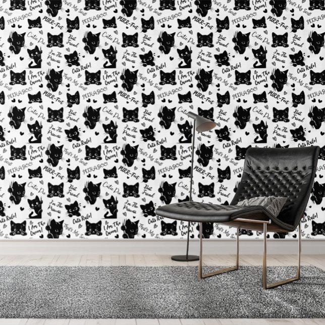 Schattigee zwarte katten en Gezegden Behang (Cute Black Cats and Sayings with Hearts Pattern for Cat Lovers and Halloween Wallpaper)