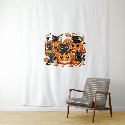 Schattigee zwarte katten in pompoenen Halloween Ni Wandkleed (In situ)