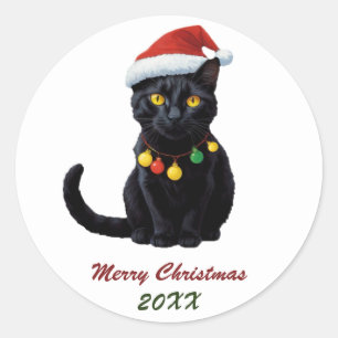 Schattigee zwarte kerstkat in Santa Hat Custom Ronde Sticker