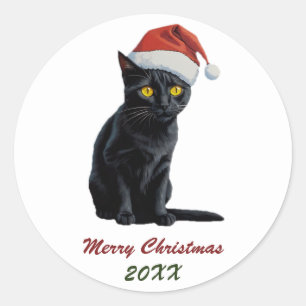Schattigee zwarte kerstkat in Santa Hat Custom Ronde Sticker