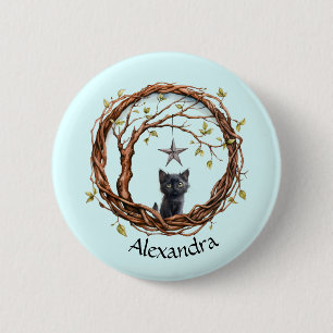 Schattigee zwarte kitten die naar een ster kijkt ronde button 5,7 cm