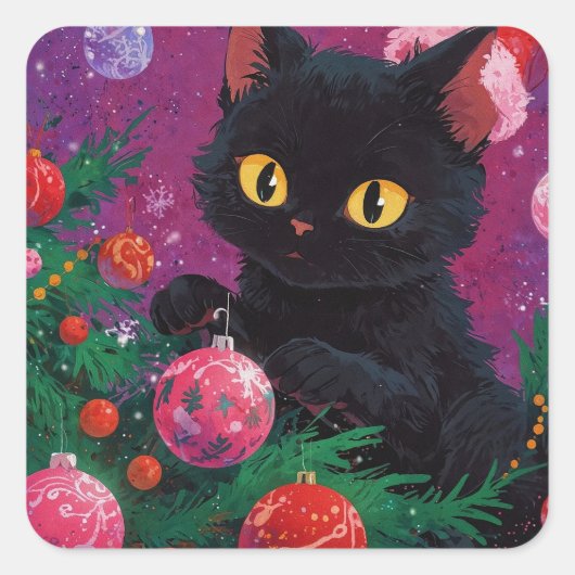 Schattigee zwarte kitten en kerstboom vierkante sticker (Voorkant)