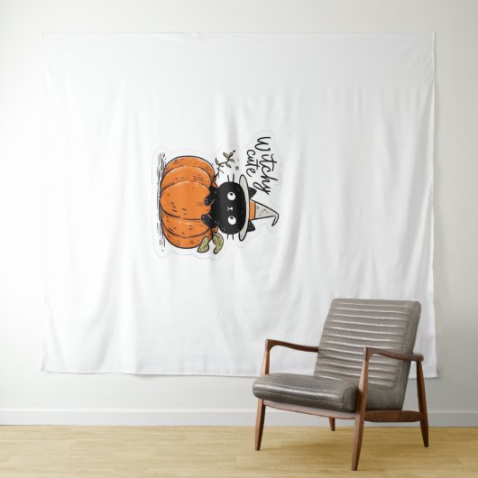 Schattigee zwarte poes in pompoen met heks pet Cla Wandkleed (In Situ (horizontaal))