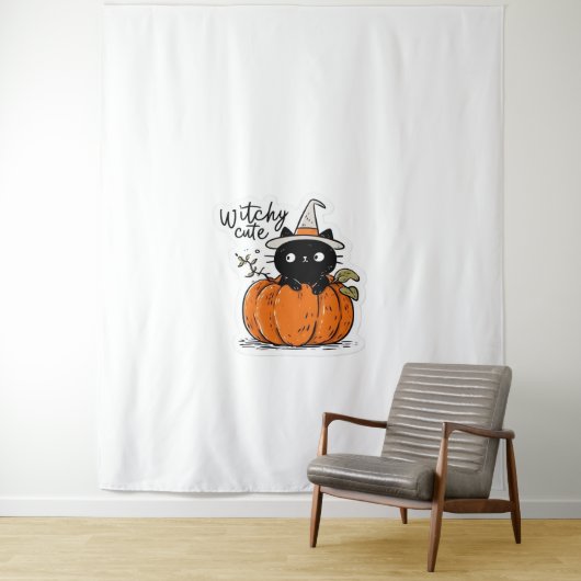 Schattigee zwarte poes in pompoen met heks pet Cla Wandkleed (In situ)
