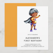 Schattigee zwarte superheld 1e verjaardagsfeest kaart (Voorkant / Achterkant)