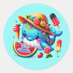 Schattigeste hallo zomerwalvis ronde sticker