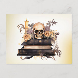 Schedel Boeken Grijs en Goud Rozen Groen Halloween Feestdagenkaart