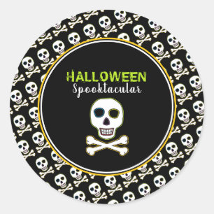 Schedel & Botten, Neon Halloween Feest Ronde Sticker