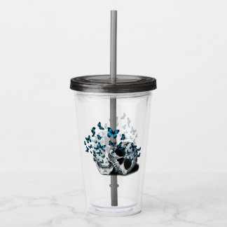 Schedel en Blauwe Vlinders Gotische Grijs Acryl Drinkbeker
