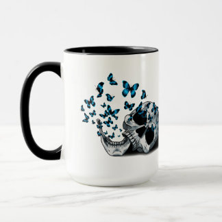Schedel en Blauwe Vlinders Zwart en Wit Mok