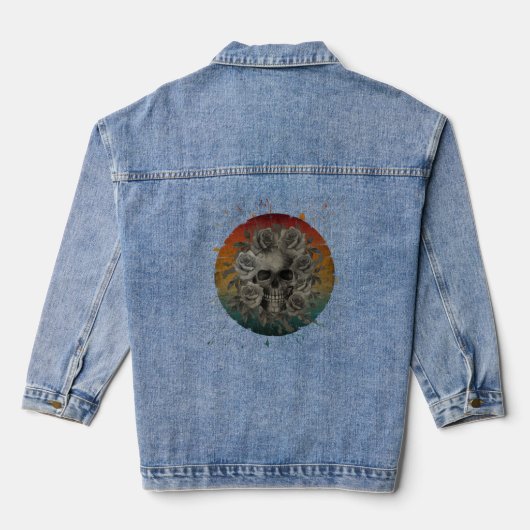 SCHEDEL EN BLOEMEN ZWART EN WIT DENIM JACKET (Achterkant)