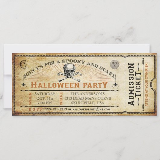 schedel en Botten Halloween Party Ticket Kaart (Voorkant)