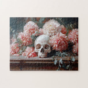 schedel en lichtroze bloemen legpuzzel