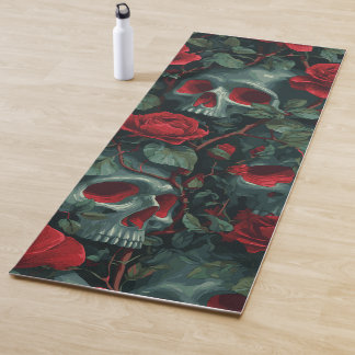 Schedel en rode rozen patroon – Donker bloemendesi Yogamat