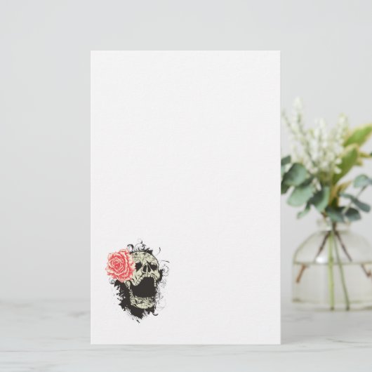 Schedel en roos custom briefpapier (Staand voorkant)