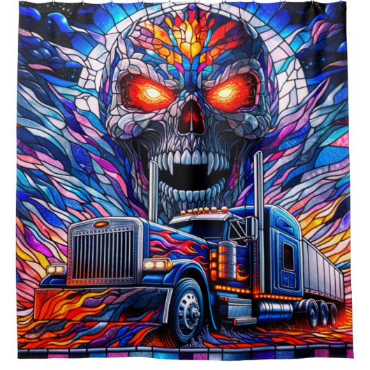 Schedel en Semi Truck Art Douchegordijn (Voorkant)
