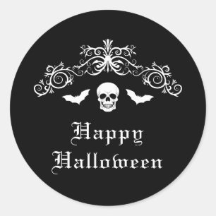 Schedel en vleermuizen Gelukkig Halloween Zwart en Ronde Sticker