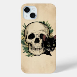 Schedel en zwarte kat iPhone 15 mini hoesje