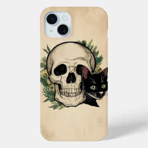 Schedel en zwarte kat iPhone 15 mini hoesje