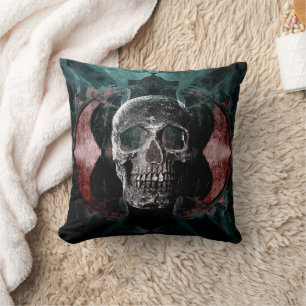 Schedel Gotische Bloem Motief Turquoise Zwart Rood Kussen