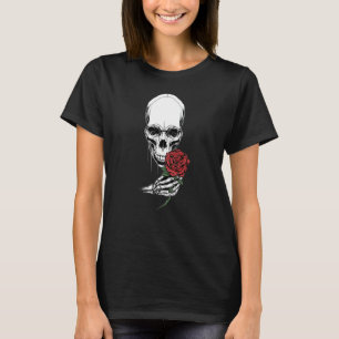 Schedel hoofd skelet hand met rode roos steel tat t-shirt