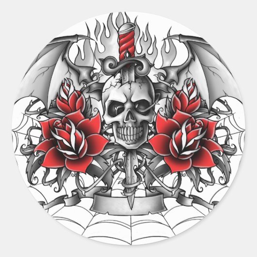 Schedel in dolk met duivelsvleugels ronde sticker (Voorkant)