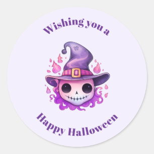 Schedel in een Heksenhut Fantasievolle Halloween Ronde Sticker