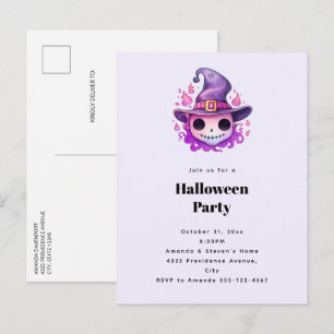 Schedel in een Heksenhut Whimsical Halloween Feest Uitnodiging Briefkaart