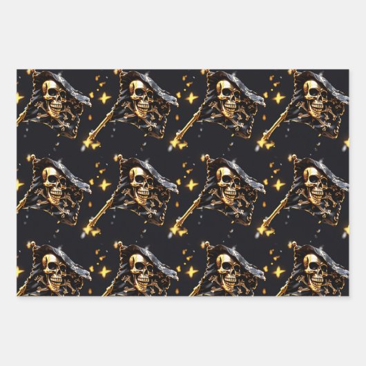 Schedel jolly roger piratenvlag zwart goud 3D Inpakpapier Vel (Voorkant 2)