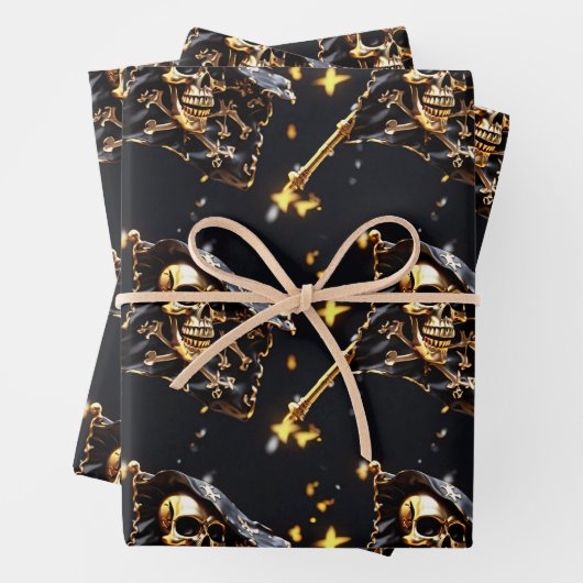 Schedel jolly roger piratenvlag zwart goud 3D Inpakpapier Vel (In situ)