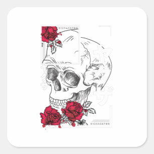 Schedel Met Bloemen - Stedelijk Japans Stijl Desig Vierkante Sticker