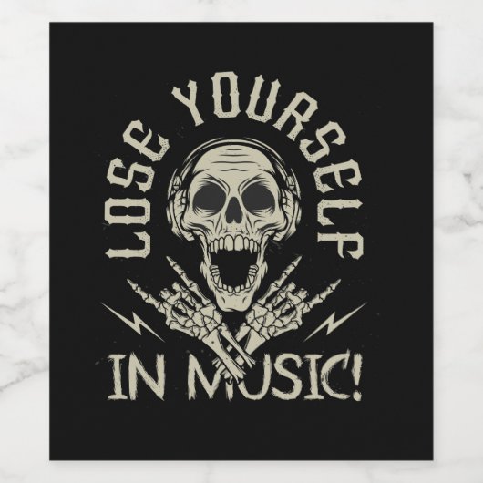 Schedel met hoofdtelefoon en skeleton handen wijn etiket (Enkel label)