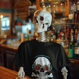 Schedel met Koptelefoon en Rozen Grafisch Hallowee T-shirt