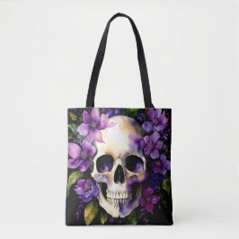 Schedel met paarse bloemen Gothic Waterverf Draagtas
