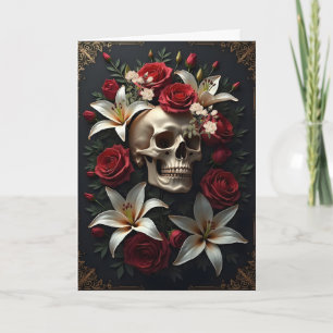 Schedel met rode en witte bloemen Verjaardag Kaart