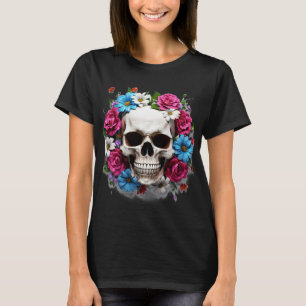 Schedel met rode witte en blauwe bloemen t-shirt