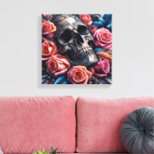 Schedel met Rozen en Bluebird Canvas Afdruk (Insitu (Woonkamer))