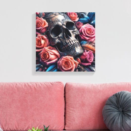 Schedel met Rozen en Bluebird Canvas Afdruk (Insitu (Woonkamer))