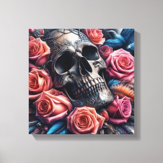 Schedel met Rozen en Bluebird Canvas Afdruk (Voorkant)