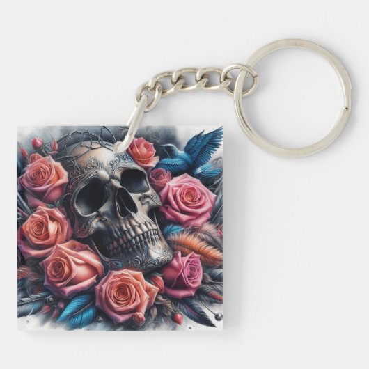 Schedel met Rozen en Bluebird Sleutelhanger (Achterkant)