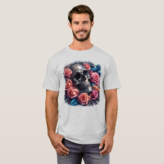 Schedel met Rozen en Bluebird T-shirt (Voorkant volledig)