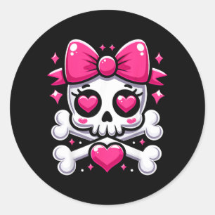 Schedel met strik roze meisje schedel Halloween Ronde Sticker