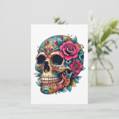 Schedel met Tattoos en bloemen Feestdagenkaart (Staand voorkant)