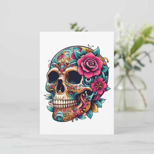 Schedel met Tattoos en bloemen Feestdagenkaart (Staand voorkant)