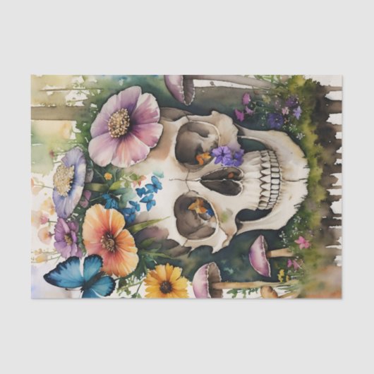 Schedel Mushroom Bloemen Waterverf Kunst Tissuepapier (Voorkant)