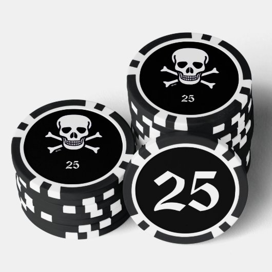 Schedel n Botten zwart 25 gestreepte pokerchip (Opstapeling)